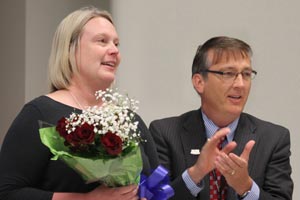 Dr. Brabrand with Heather McCormick at 2017 Teacher of the Year announcement