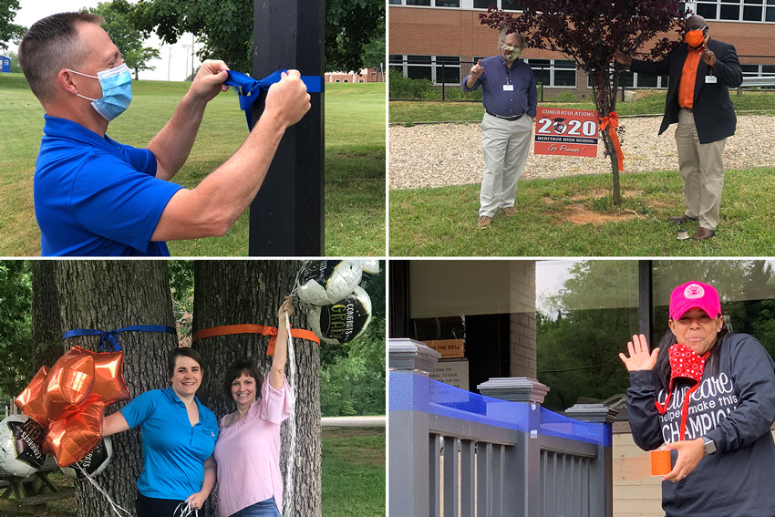 4 photos of LCS employees tying ribbons on trees for class of 2020