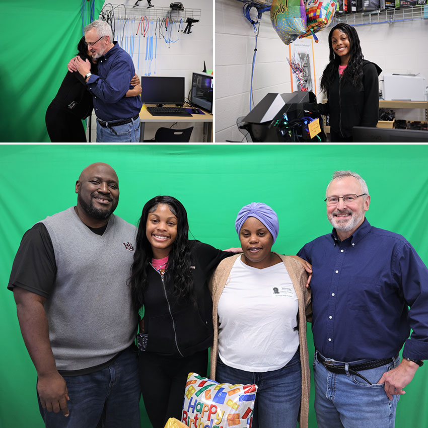 Collage of photos of Aliyah Thurman with teacher, mother and principal