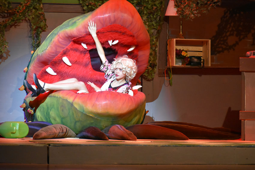 Actor on stage inside man-eating plant prop