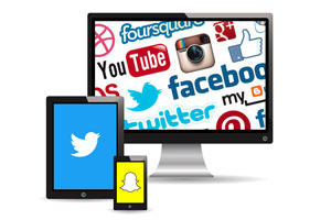 Computer, tablet and mobile device with social media icons