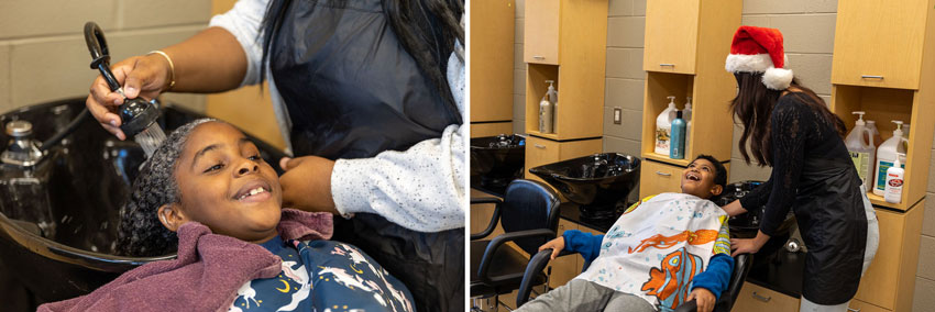 Cosmetology students washing elementary students' hair