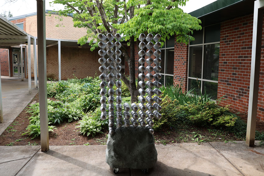 Student sculpture in courtyard