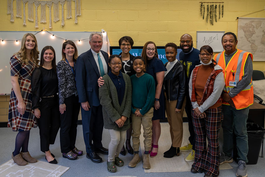 Senator Tim Kaine with Bass Elementary students, families, and staff