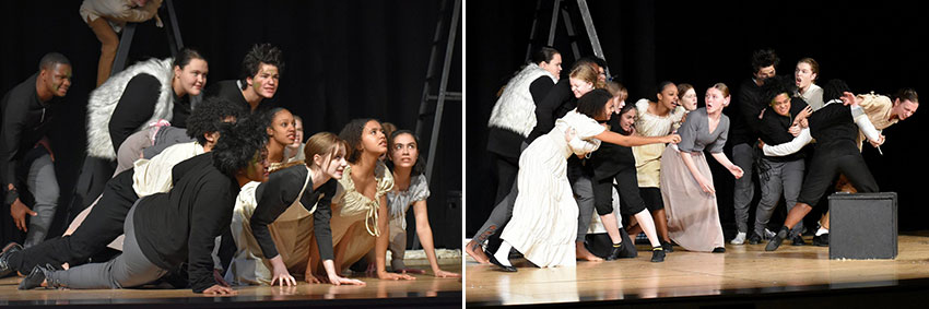 Two photos of students performing "The Trial of Ygor "on stage