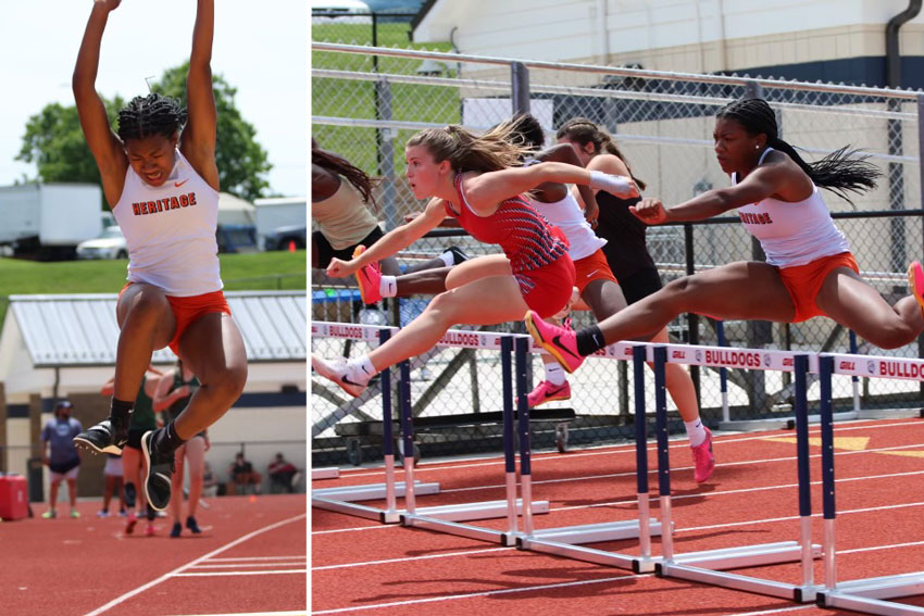 Akera Molette competing in long jump and hurdles