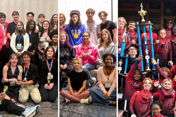 Three group photos of students with awards