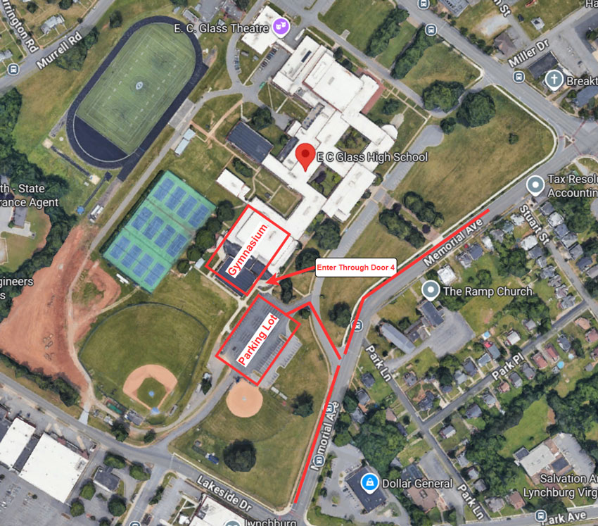 E. C. Glass High School map - enter campus from Memorial Avenue and park in lot on gymnasium side of building - enter through door 4