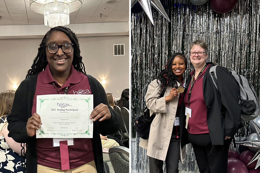 Student holding certificate (left); Student and teacher posing in front of event backdrop (right)