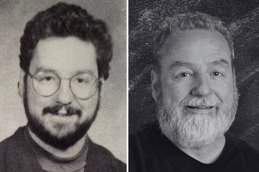 Theatre teacher yearbook photos from 1993 and 2025