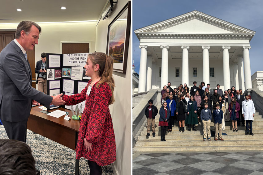 Eve Flavin shaking hands with Governor Younkin (left) Group of students on steps of Capitol (right)