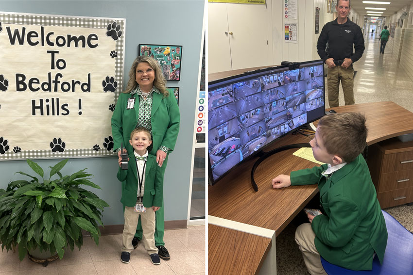 Two photos: elementary student dressed in green sports coat similar to principal, and student reviewing security cameras
