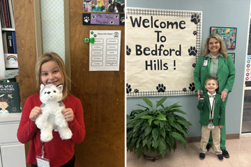 Two photos: elementary student holding stuff dog in front of office door with her name on it, and elementary student in green sports coat similar to principal