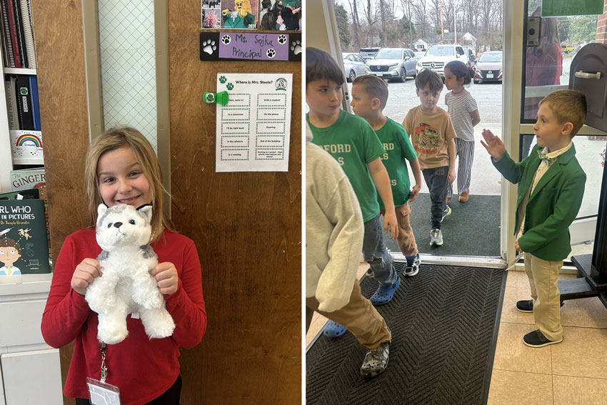 Two photos: elementary student holding stuff dog in front of office door with her name on it, and elementary student in sports coat greeting other students entering building