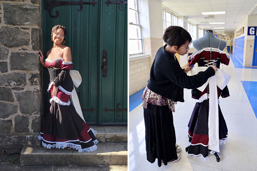 Two photos: student modeling hand-made dress outdoors and detail of the back of dress
