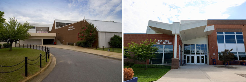 Two photos: old and new school building