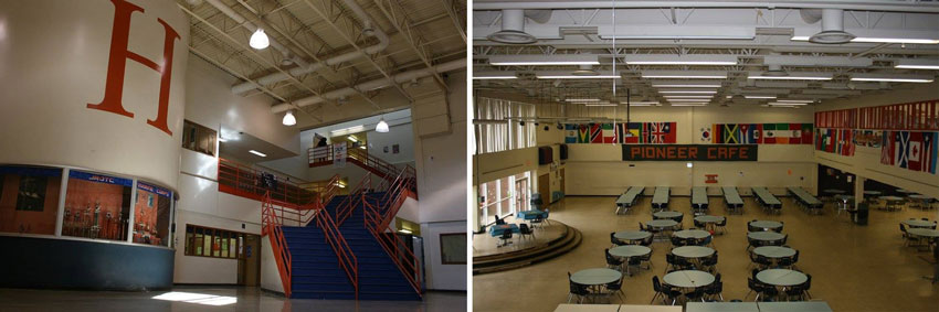Two photos of the interior of the original Heritage High School building