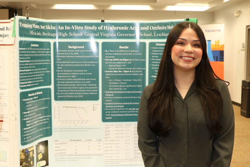 High school student in professional attire standing in front of science fair display with title“Trapping Water, Not Skin: An In-Vitro Study of Hyaluronic Acid and Occlusive Moisturizers”