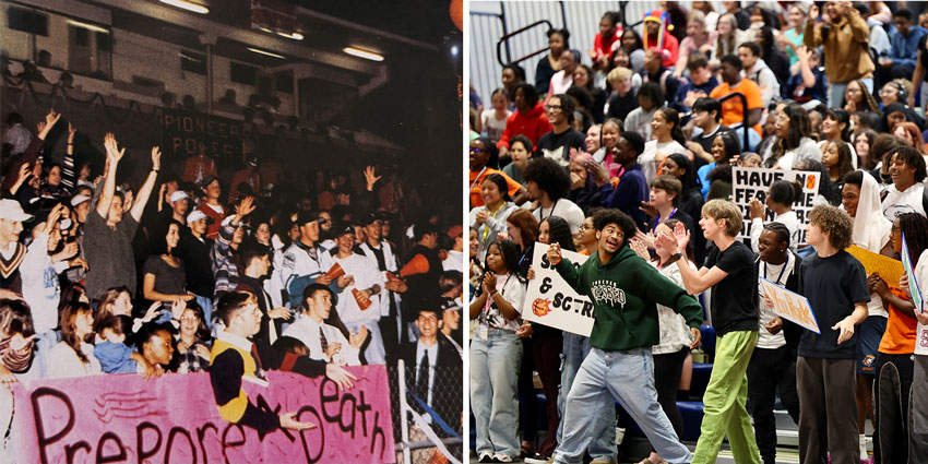 Two photos of students cheering, one from 1996, the other from 2026