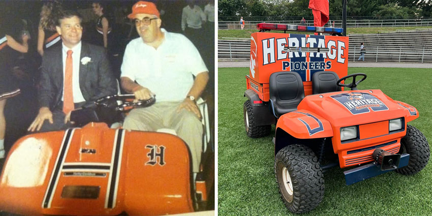 Two pictures of utility vehicles painted orange and blue