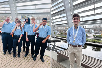 Two photos of students displaying with SkillsUSA competition medals at state conference