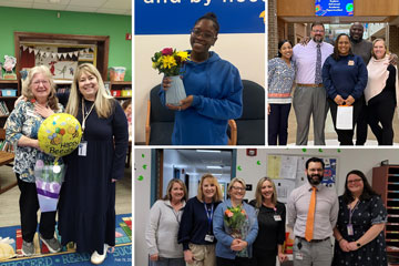 Collage of school staff receiving flowers and gifts for building support person of the year