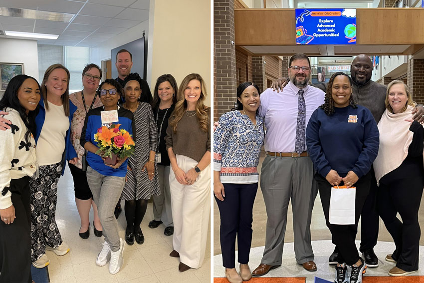 Two photos: group of staff and administrators in school office with one person holding flowers; and group of 5 people with one holding a gift bag