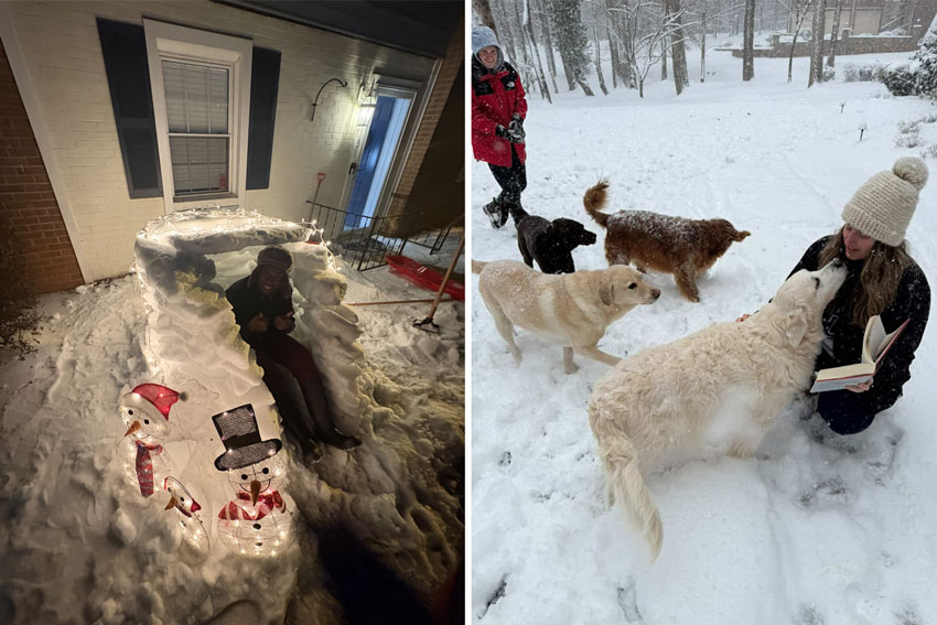 Two photos: one of an adult in a small, rudimentary igloo in front of a house; and another of an adult with 4 dogs outside in the snow