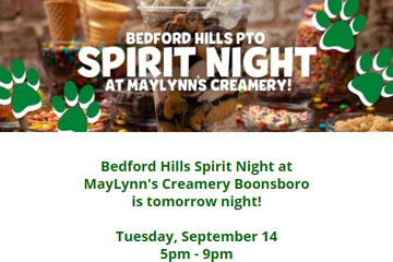 Bedford Hills PTO Spirit Night at Maylynn's Creamery is tomorrow night! Tuesday, September 14 from 5-9pm