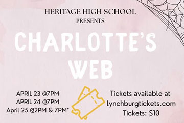 Charlotte's Web promotional graphic with spider web in top right corner
