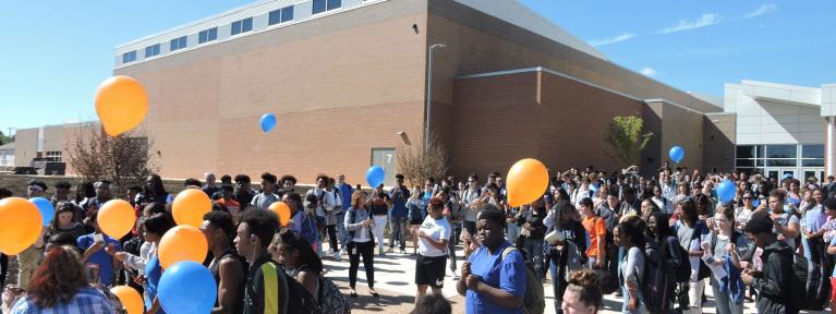 Crowd of students outside high school