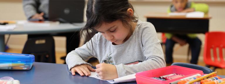 Elementary student at desking writing